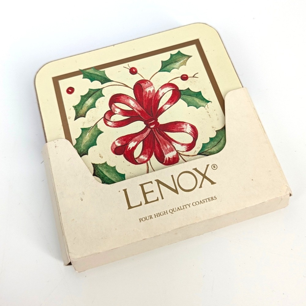 Lenox Holiday Christmas Coasters Set of 4 Red Holly Berry Cork Made in England